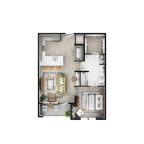 Floor plan for 1 bed, 1 bath, 748 sqft
